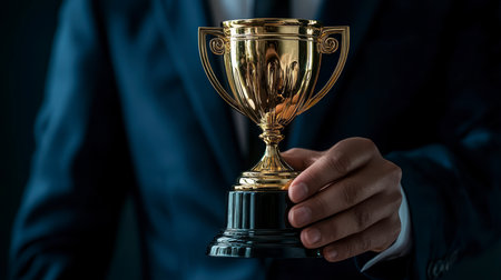 Concept illustration of a businessman holds a gold cup symbolizing success and achievements in corporate developmentの素材