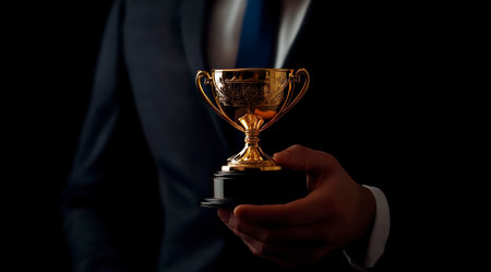 Concept illustration of a businessman holds a gold cup symbolizing success and achievements in corporate developmentの素材