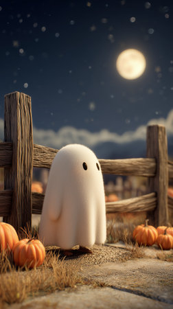 Cute ghost standing near pumpkins under moonlight.の素材
