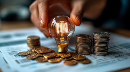Concept illustration of a businessman holds a light bulb next to stacks of coins, symbolizing savings on electricity.の素材