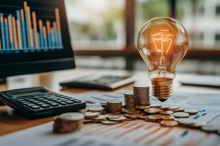 Concept illustration of a businessman holds a light bulb next to stacks of coins, symbolizing savings on electricity.の素材