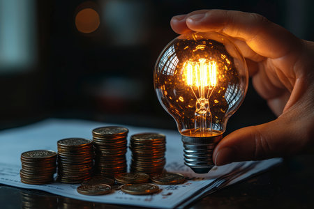Concept illustration of a businessman holds a light bulb next to stacks of coins, symbolizing savings on electricity.の素材