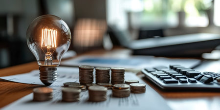 Concept illustration of a businessman holds a light bulb next to stacks of coins, symbolizing savings on electricity.の素材