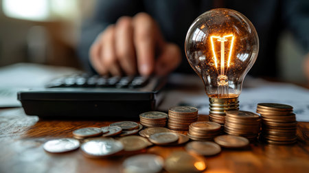 Concept illustration of a businessman holds a light bulb next to stacks of coins, symbolizing savings on electricity.の素材