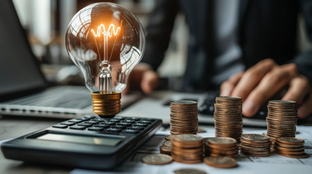 Concept illustration of a businessman holds a light bulb next to stacks of coins, symbolizing savings on electricity.の素材