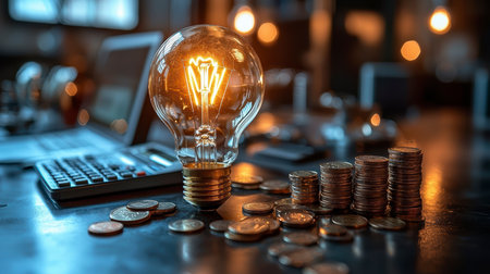 Concept illustration of a businessman holds a light bulb next to stacks of coins, symbolizing savings on electricity.の素材