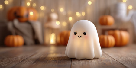 Festive ghost with pumpkins and lights for Halloween celebration.の素材