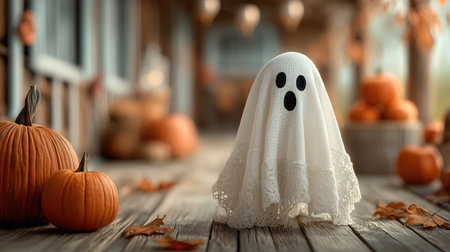 Festive ghost with pumpkins and lights for Halloween celebration.の素材
