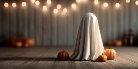 Festive ghost with pumpkins and lights for Halloween celebration.の素材