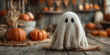 Festive ghost with pumpkins and lights for Halloween celebration.の素材