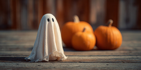Festive ghost with pumpkins and lights for Halloween celebration.の素材