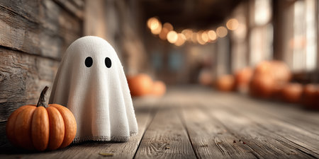 Festive ghost with pumpkins and lights for Halloween celebration.の素材