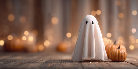 Festive ghost with pumpkins and lights for Halloween celebration.の素材