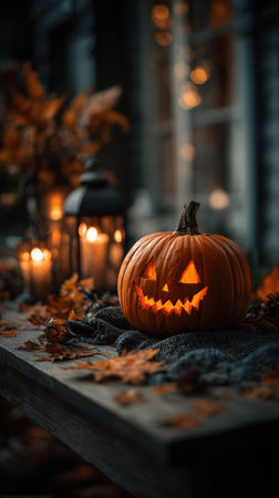 Jack's lantern, candles and autumn leaves on a wooden table create a warm and festive Halloween atmosphere.の素材