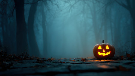Halloween night in forest with glowing pumpkin and spirits.の素材