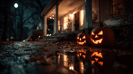 Halloween night in forest with glowing pumpkin and spirits.の素材