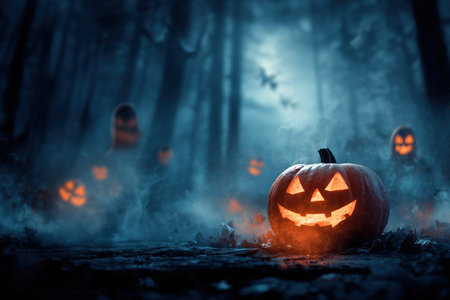 Halloween night in forest with glowing pumpkin and spirits.の素材
