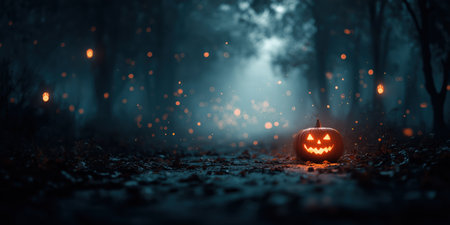 Halloween night in forest with glowing pumpkin and spirits.の素材