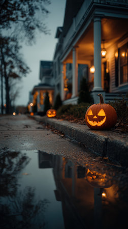 Halloween night in forest with glowing pumpkin and spirits.の素材
