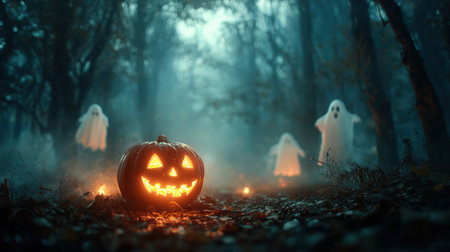Halloween night in forest with glowing pumpkin and spirits.の素材