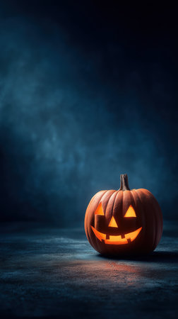 Halloween night in forest with glowing pumpkin and spirits.の素材