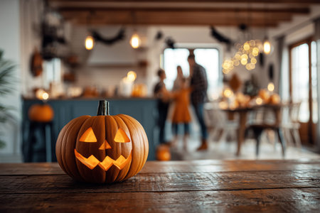 Jack pumpkin stands on a wooden table with a family celebrating Halloween in the background.の素材