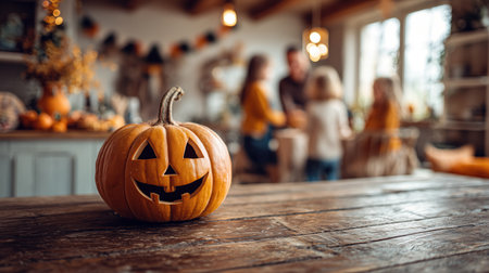 Jack pumpkin stands on a wooden table with a family celebrating Halloween in the background.の素材