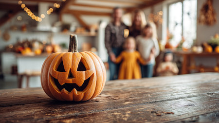 Jack pumpkin stands on a wooden table with a family celebrating Halloween in the background.の素材