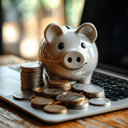 Concept illustration of a white piggy bank on a laptop with a pile of coins and glasses. The concept of financial planningの素材