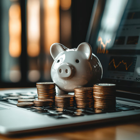 Concept illustration of a white piggy bank on a laptop with a pile of coins and glasses. The concept of financial planningの素材