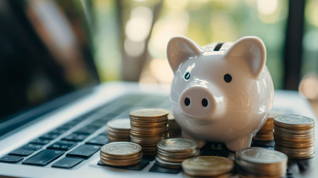 Concept illustration of a white piggy bank on a laptop with a pile of coins and glasses. The concept of financial planningの素材