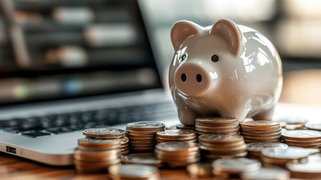 Concept illustration of a white piggy bank on a laptop with a pile of coins and glasses. The concept of financial planningの素材