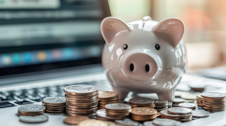 Concept illustration of a white piggy bank on a laptop with a pile of coins and glasses. The concept of financial planningの素材