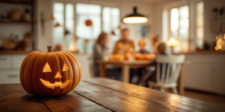Jack pumpkin stands on a wooden table with a family celebrating Halloween in the background.の素材