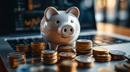 Concept illustration of a white piggy bank on a laptop with a pile of coins and glasses. The concept of financial planningの素材