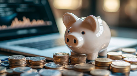 Concept illustration of a white piggy bank on a laptop with a pile of coins and glasses. The concept of financial planningの素材