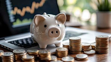 Concept illustration of a white piggy bank on a laptop with a pile of coins and glasses. The concept of financial planningの素材