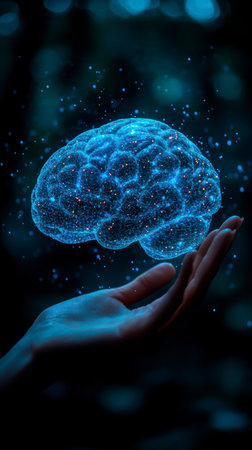 Concept illustration of a hand holding a luminous brain on a dark background. The concept of AI, science and digital technologyの素材