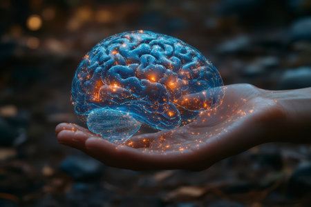 Concept illustration of a hand holding a luminous brain on a dark background. The concept of AI, science and digital technologyの素材