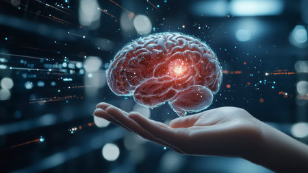 Concept illustration of a hand holding a luminous brain on a dark background. The concept of AI, science and digital technologyの素材