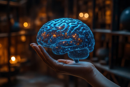 Concept illustration of a hand holding a luminous brain on a dark background. The concept of AI, science and digital technologyの素材