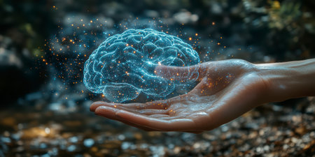 Concept illustration of a hand holding a luminous brain on a dark background. The concept of AI, science and digital technologyの素材
