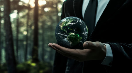 Concept illustration of the businessman holds the Earth, symbolizing eco-friendly business and protection of natureの素材