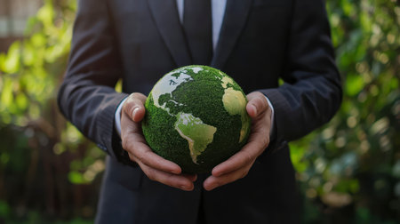 Concept illustration of the businessman holds the Earth, symbolizing eco-friendly business and protection of natureの素材