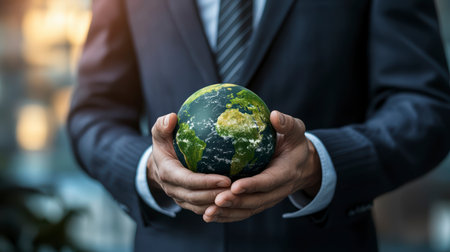 Concept illustration of the businessman holds the Earth, symbolizing eco-friendly business and protection of natureの素材