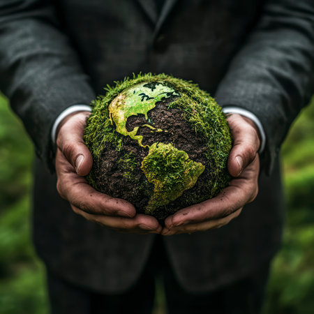Concept illustration of the businessman holds the Earth, symbolizing eco-friendly business and protection of natureの素材