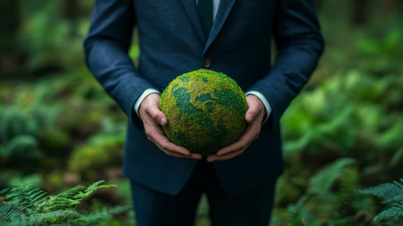Concept illustration of the businessman holds the Earth, symbolizing eco-friendly business and protection of natureの素材