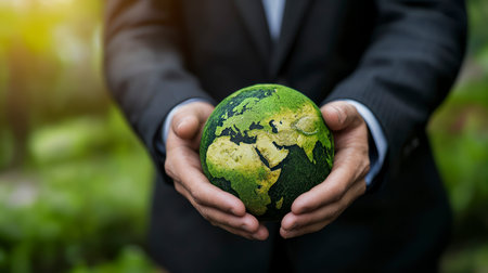Concept illustration of the businessman holds the Earth, symbolizing eco-friendly business and protection of natureの素材