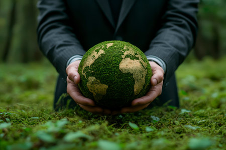 Concept illustration of the businessman holds the Earth, symbolizing eco-friendly business and protection of natureの素材