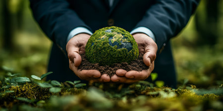 Concept illustration of the businessman holds the Earth, symbolizing eco-friendly business and protection of natureの素材